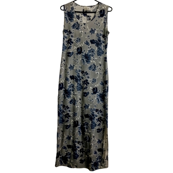 Vintage Dresses & Skirts - CLE Paris Floral Bodycon Tank Maxi Dress VTG Y2K 90s Blue White S/M